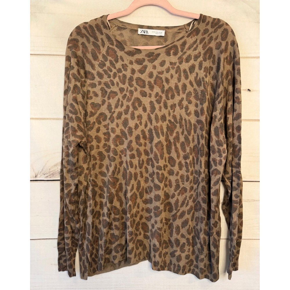Zara Womens Leopard Print Crew Neck Raglan Sleeve Lightweight Sweater XL Brown